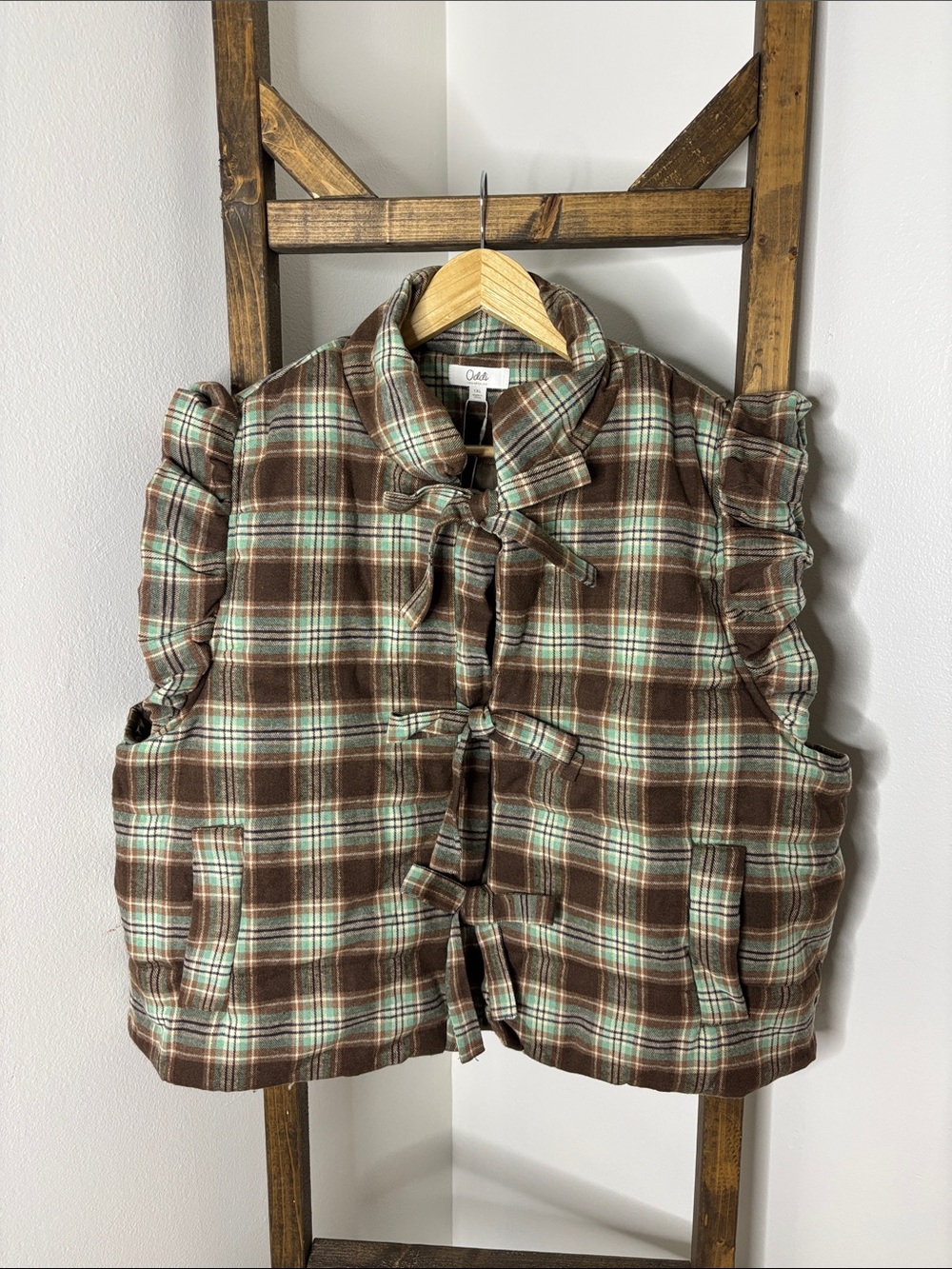 Oddi Brown & Mint Plaid Ruffle Tie-Front Vest Size 1X